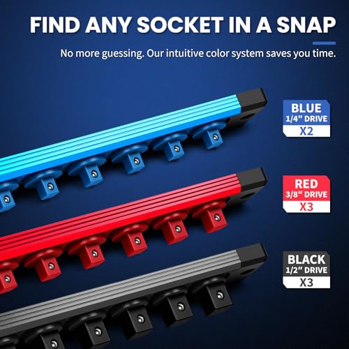 DIKTALK 8PC Magnetic Socket Organizer Set, for 1/2″ 3/8″ 1/4″ Drive with 3 Black 3 Red 2 Blue Trays, 360° Swivel Removable Clips, Heavy Duty Aluminum Alloy Rail for Tool Box Drawer - Image 3