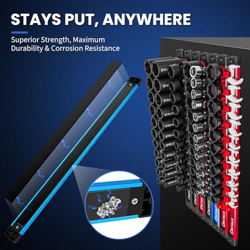 DIKTALK 8PC Magnetic Socket Organizer Set, for 1/2″ 3/8″ 1/4″ Drive with 3 Black 3 Red 2 Blue Trays, 360° Swivel Removable Clips, Heavy Duty Aluminum Alloy Rail for Tool Box Drawer - Image 2