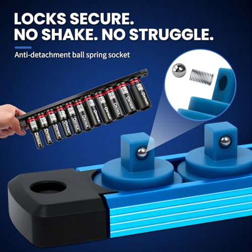 DIKTALK 8PC Magnetic Socket Organizer Set, for 1/2″ 3/8″ 1/4″ Drive with 3 Black 3 Red 2 Blue Trays, 360° Swivel Removable Clips, Heavy Duty Aluminum Alloy Rail for Tool Box Drawer - Image 5
