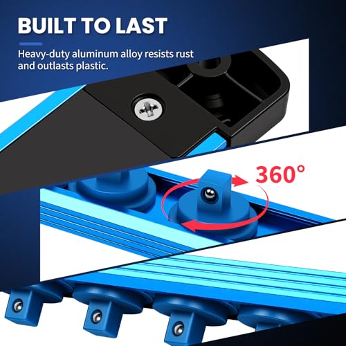 DIKTALK 8PC Magnetic Socket Organizer Set, for 1/2″ 3/8″ 1/4″ Drive with 3 Black 3 Red 2 Blue Trays, 360° Swivel Removable Clips, Heavy Duty Aluminum Alloy Rail for Tool Box Drawer - Image 4