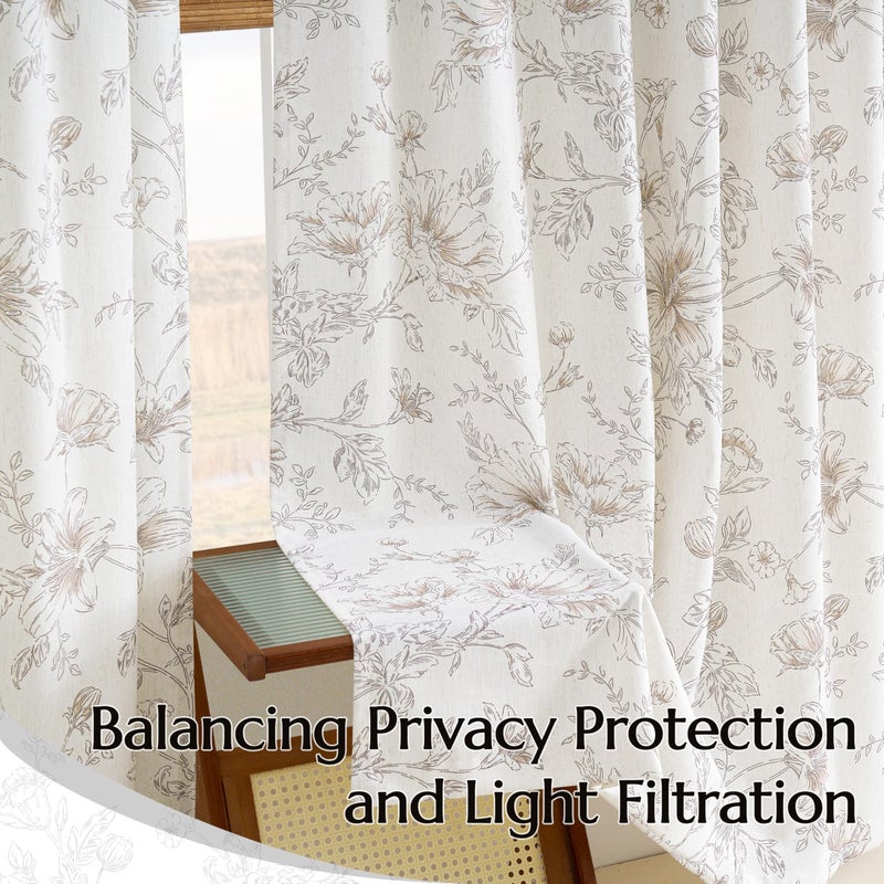 BILEEHOME Brown Floral Curtains 90 Inches Long 2 Panels Set Pinch Pleated Flower Printed Linen Drapes Bedroom Back Tab Pinch Pleat Semi Sheer Window Curtains Living Room Nursery Dining Aesthetic Boho Decor - Image 5