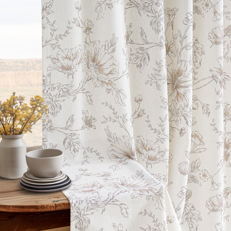 BILEEHOME Brown Floral Curtains 90 Inches Long 2 Panels Set Pinch Pleated Flower Printed Linen Drapes Bedroom Back Tab Pinch Pleat Semi Sheer Window Curtains Living Room Nursery Dining Aesthetic Boho Decor - Image 2