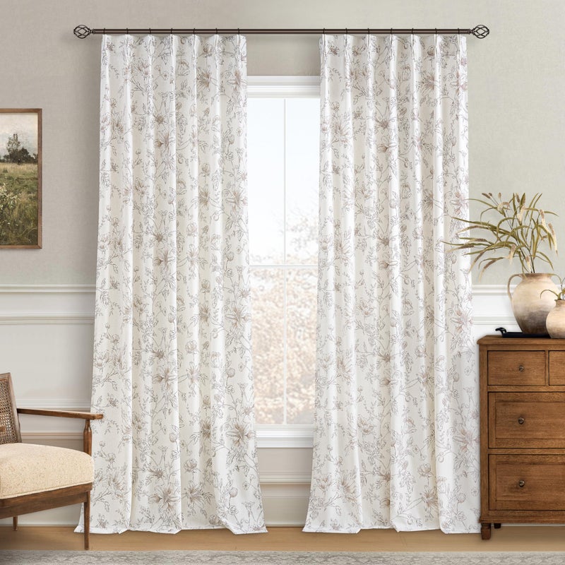 BILEEHOME Brown Floral Curtains 90 Inches Long 2 Panels Set Pinch Pleated Flower Printed Linen Drapes Bedroom Back Tab Pinch Pleat Semi Sheer Window Curtains Living Room Nursery Dining Aesthetic Boho Decor - Image 1