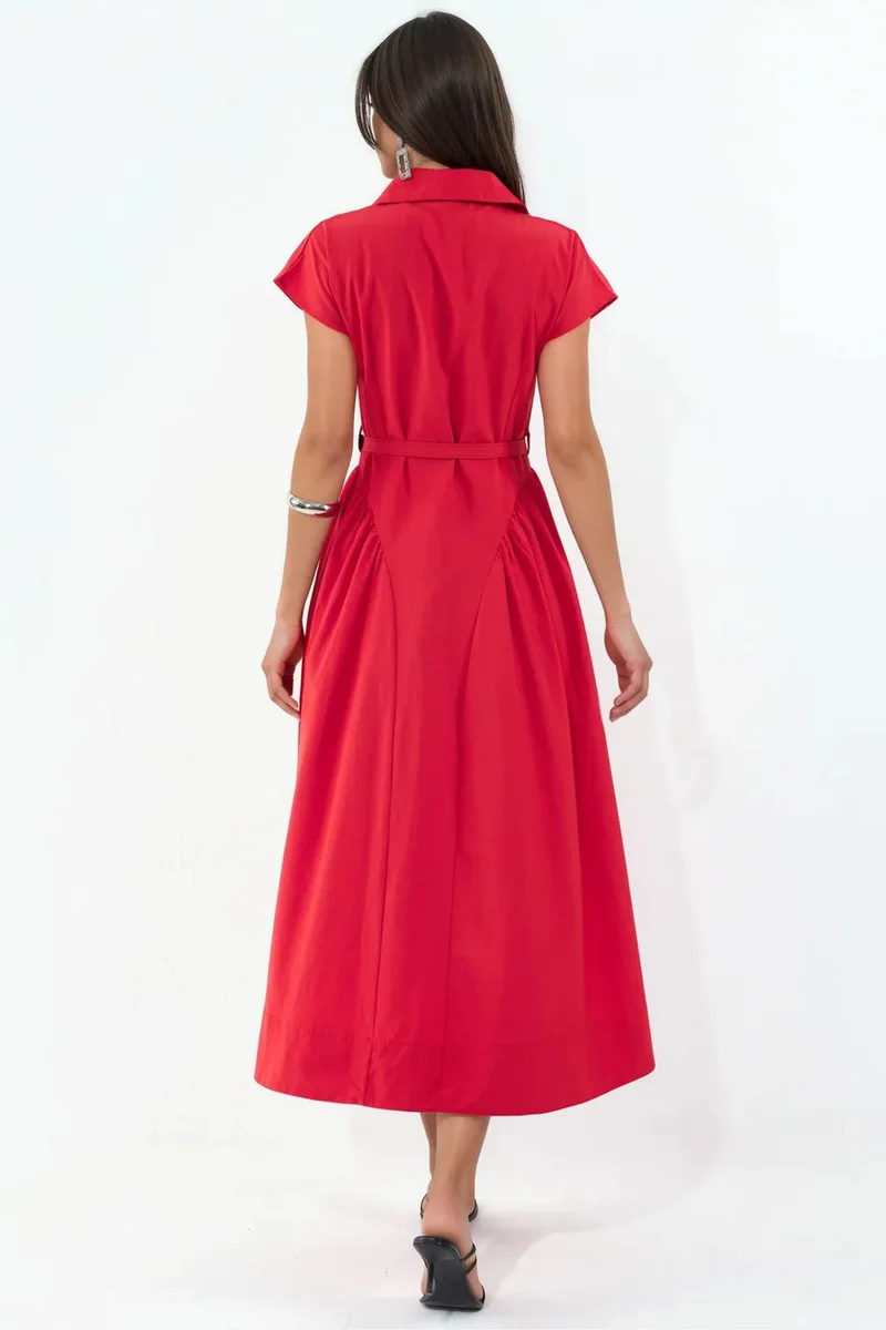 BUSEM Belted Midi Dress with Shirt Collar