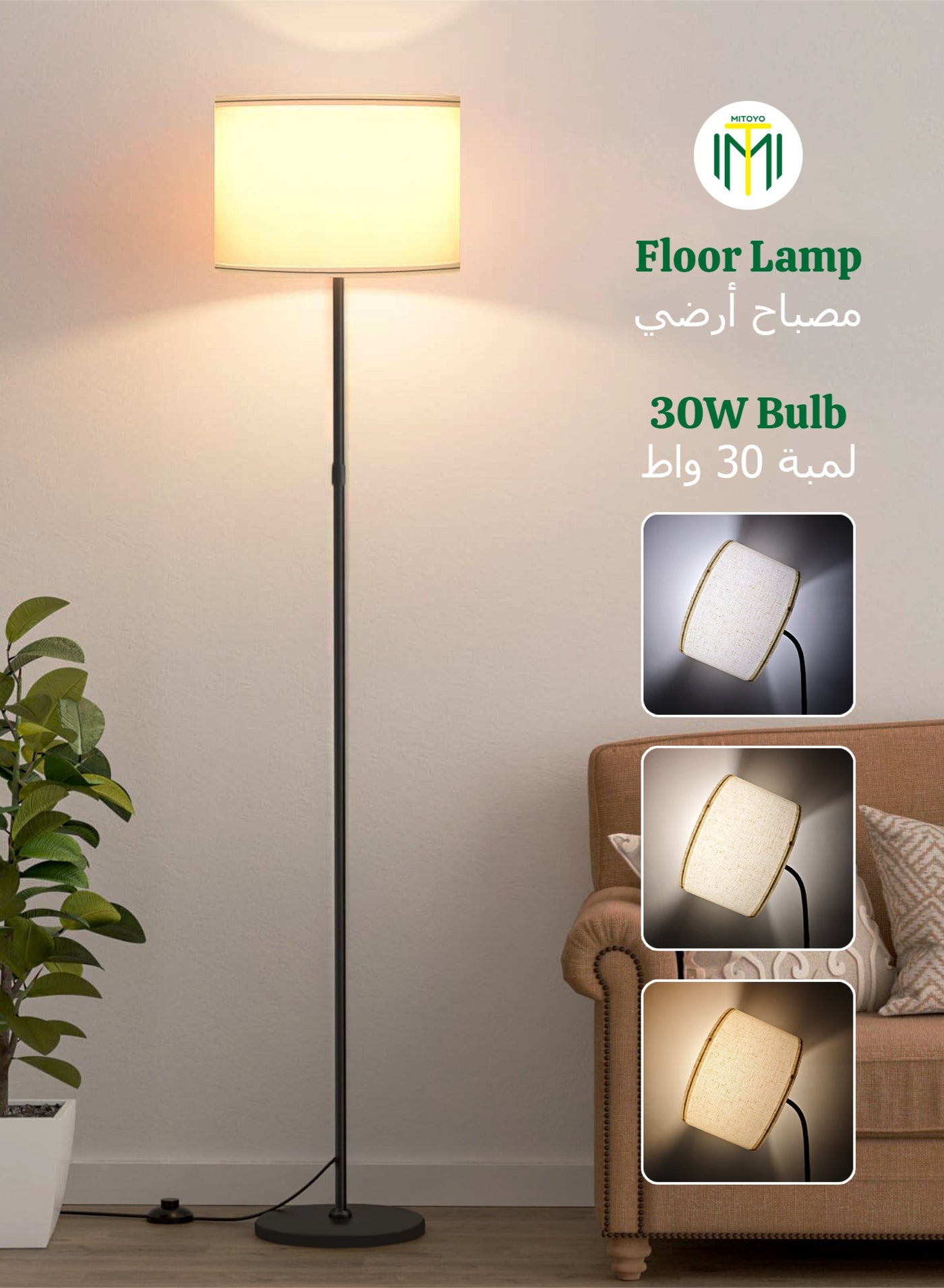 Modern Design Floor Lamp - Standing Lamp with 30W LED Bulb - Adjustable Bend Angle - Metal Material - Three-color LED Light - White Light, Natural Light, Warm Light - Detachable Lamp for Living Room, Room, Office, Outdoor