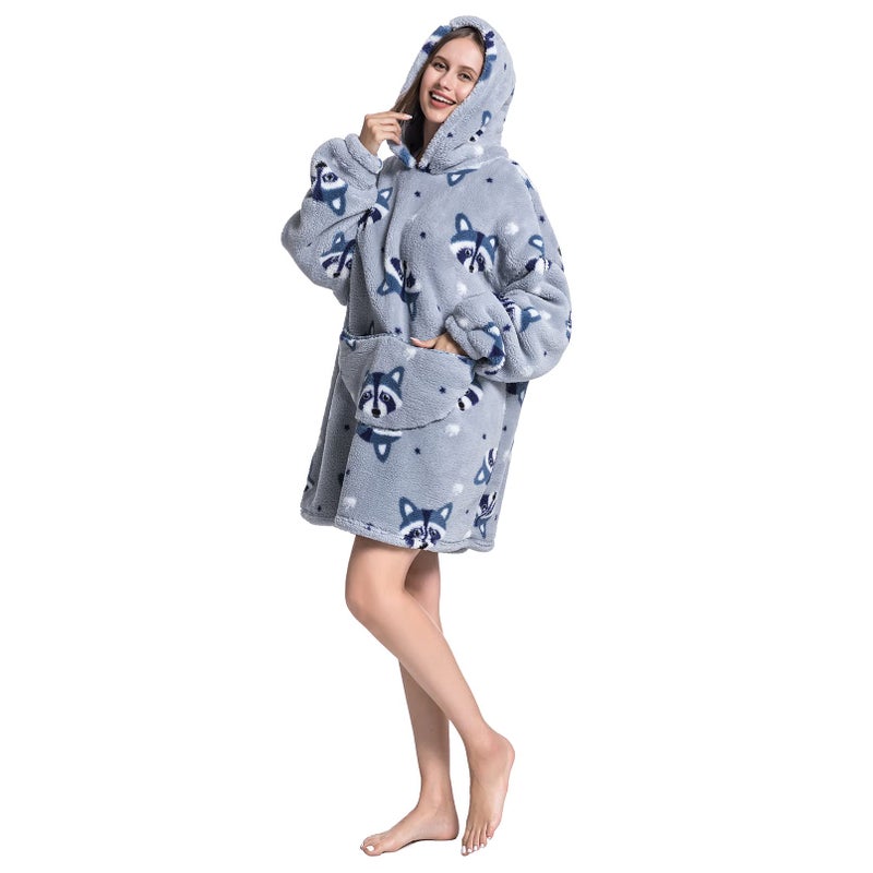 DESERT HOME Wearable Blanket Hoodie Oversized Hooded Blanket for Adult Women Super Soft Comfortable Warm Flannel Grey Raccoon - Image 3