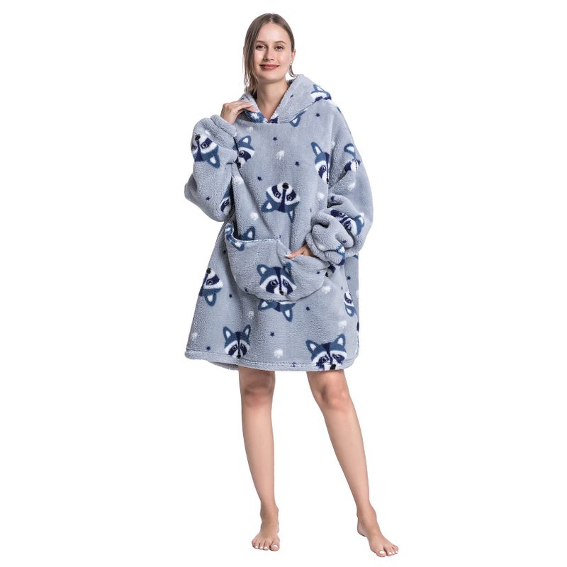 DESERT HOME Wearable Blanket Hoodie Oversized Hooded Blanket for Adult Women Super Soft Comfortable Warm Flannel Grey Raccoon - Image 5