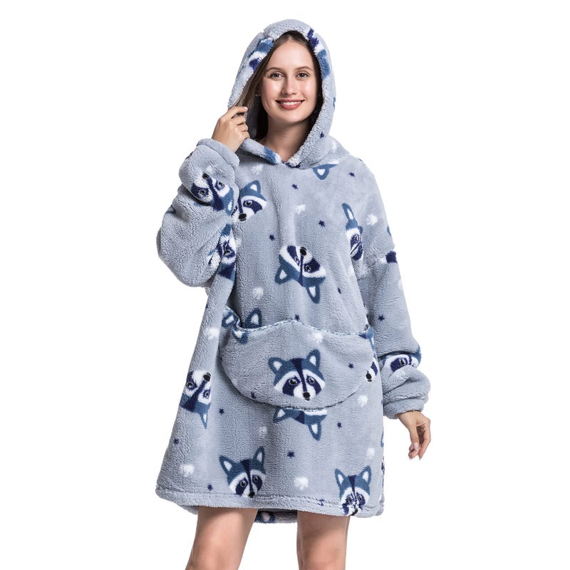 DESERT HOME Wearable Blanket Hoodie Oversized Hooded Blanket for Adult Women Super Soft Comfortable Warm Flannel Grey Raccoon - Image 1