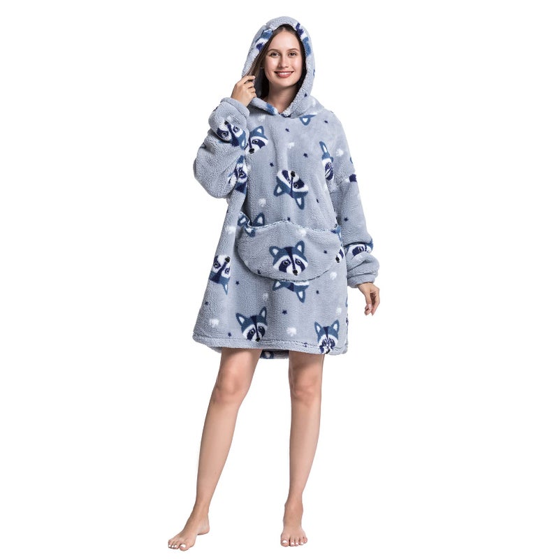 DESERT HOME Wearable Blanket Hoodie Oversized Hooded Blanket for Adult Women Super Soft Comfortable Warm Flannel Grey Raccoon - Image 2