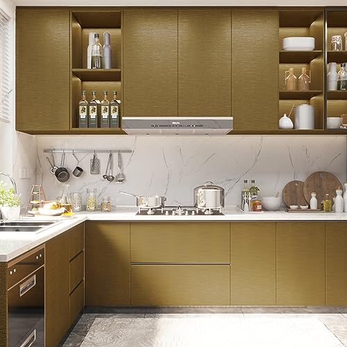 VOLEAAR Brass Color Matte Gold Contact Paper 15.7 x 393.7 Inches Peel and Stick Vinyl Self Adhesive Waterproof Wallpaper for Kitchen Cabinet Countertop Dishwasher Appliances Wrap Fridge Cover - Image 3
