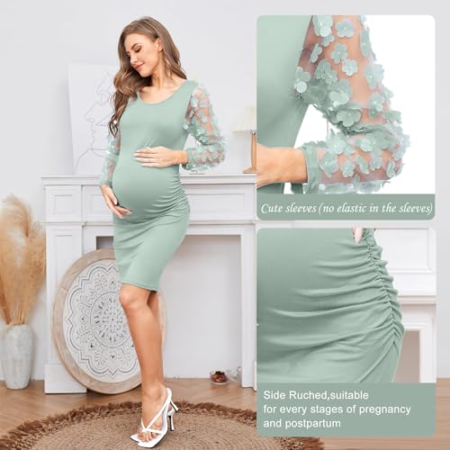 LAHILO Floral Mesh Bishop Long Sleeve Maternity Midi Dress, Fall Maternity Bodycon Dress for Baby Shower Light Green - Image 5