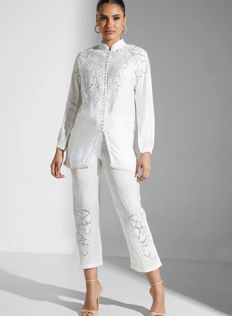 Threadz by Ajooni Schiffli Embroidered Top And Pants Set