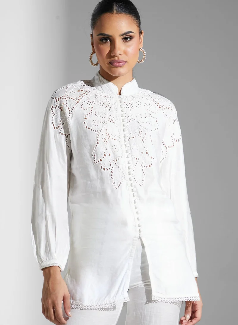 Threadz by Ajooni Schiffli Embroidered Top And Pants Set