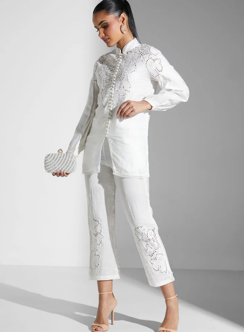 Threadz by Ajooni Schiffli Embroidered Top And Pants Set