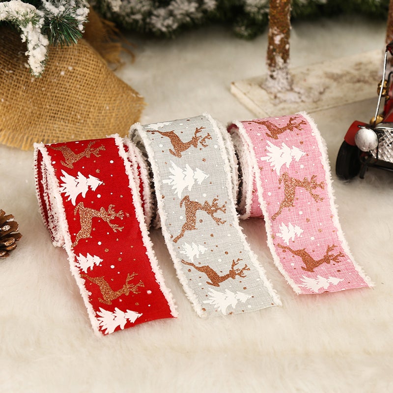 Christmas Decorations 6.5CM Burlap Printing Elk Christmas Tree Ribbon Gift/Gift Box Packaging Ribbon - Image 2