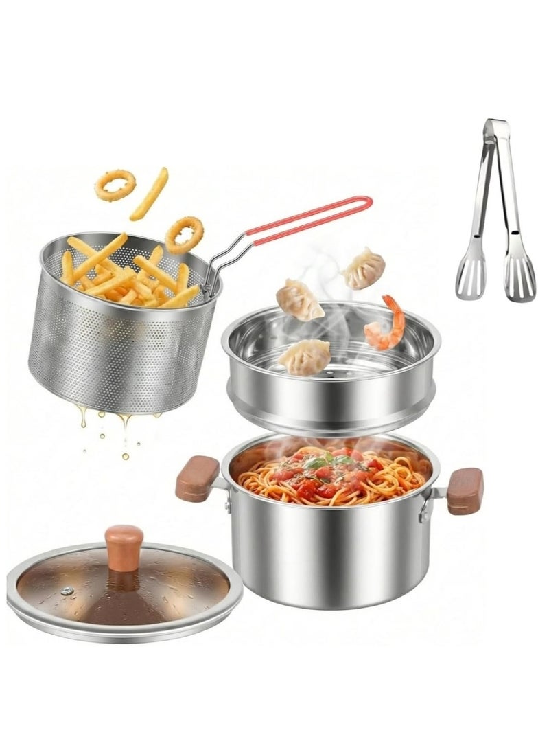WALALLA 2-Tier Stainless Steel Steamer Pot with Steamer Insert and Mesh Basket,2.64QT Small Fryer Pot with Basket for Gas Stove Induction Cooktop, Suit for Vegetable,Soup,Cooking Chicken Wings,Chips, Fries - Image 1