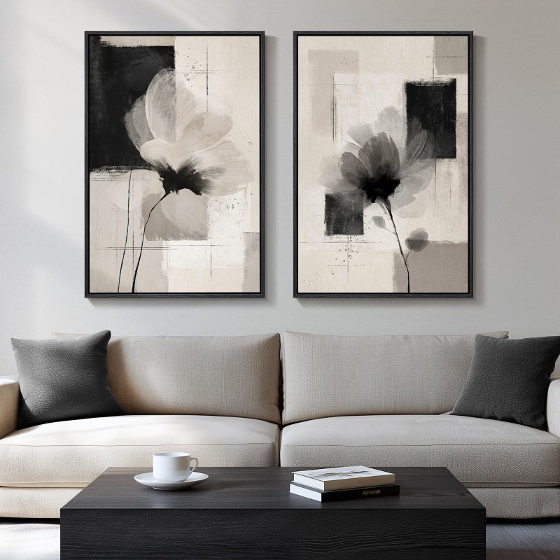 Cuspin Large Framed Neutral Abstract Floral Wall Art, Set of 2 Black and Beige Modern Canvas Prints Paintings Artwork for Walls, Minimalist Pictures for Living Room, Dining Room, Bedroom Wall Decor 24x36 In - Image 1
