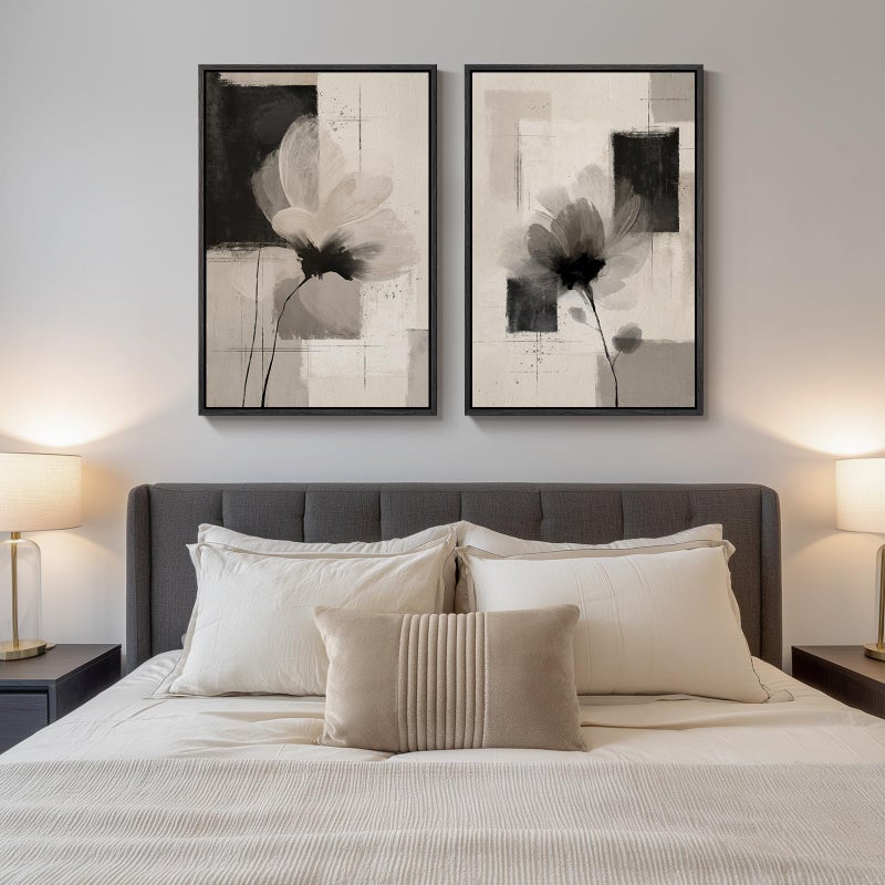 Cuspin Large Framed Neutral Abstract Floral Wall Art, Set of 2 Black and Beige Modern Canvas Prints Paintings Artwork for Walls, Minimalist Pictures for Living Room, Dining Room, Bedroom Wall Decor 24x36 In - Image 3
