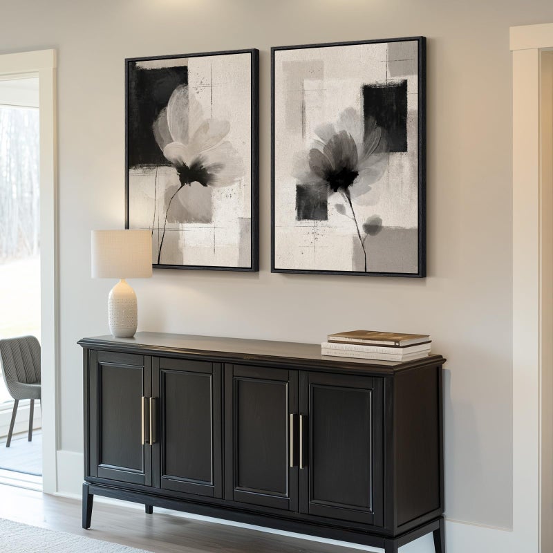 Cuspin Large Framed Neutral Abstract Floral Wall Art, Set of 2 Black and Beige Modern Canvas Prints Paintings Artwork for Walls, Minimalist Pictures for Living Room, Dining Room, Bedroom Wall Decor 24x36 In - Image 2