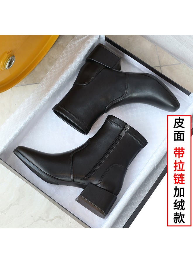 Suede Boots Women's Short Boots   And Winter Thick Heel Medium Heel Slim Boots Black Side Zipper Fleece-lined Women's Boots
