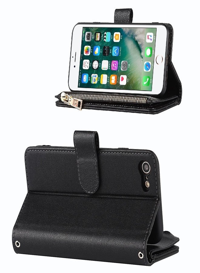 Jaorty for iPhone SE 2022/SE 2020 Phone Case Wallet for Women Men with Card Holder,for iPhone 8/7 Crossbody Case with Strap Shoulder Lanyard,Zipper Pocket PU Leather Cases,4.7" Black - Image 3