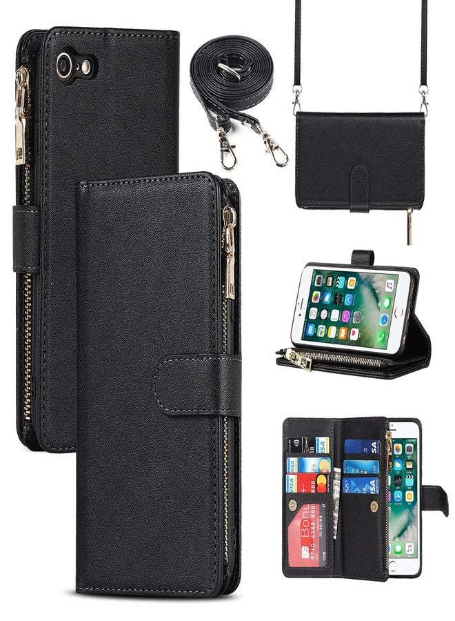 Jaorty for iPhone SE 2022/SE 2020 Phone Case Wallet for Women Men with Card Holder,for iPhone 8/7 Crossbody Case with Strap Shoulder Lanyard,Zipper Pocket PU Leather Cases,4.7" Black - Image 1