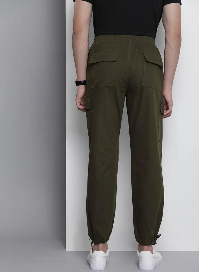 The Indian Garage Co Olive Men Olive Green Relaxed Fit Solid Cargo Pants for Men | Best Price UAE
