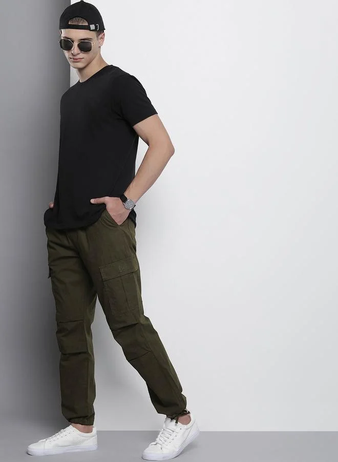 The Indian Garage Co Olive Men Olive Green Relaxed Fit Solid Cargo Pants for Men | Best Price UAE
