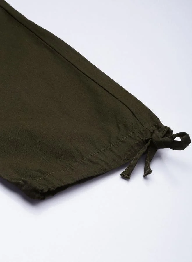 The Indian Garage Co Olive Men Olive Green Relaxed Fit Solid Cargo Pants for Men | Best Price UAE
