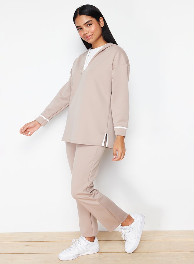 trendyol Stone Hooded Strip Detailed Diver/Scuba Knitted Two Piece Set - Image 3