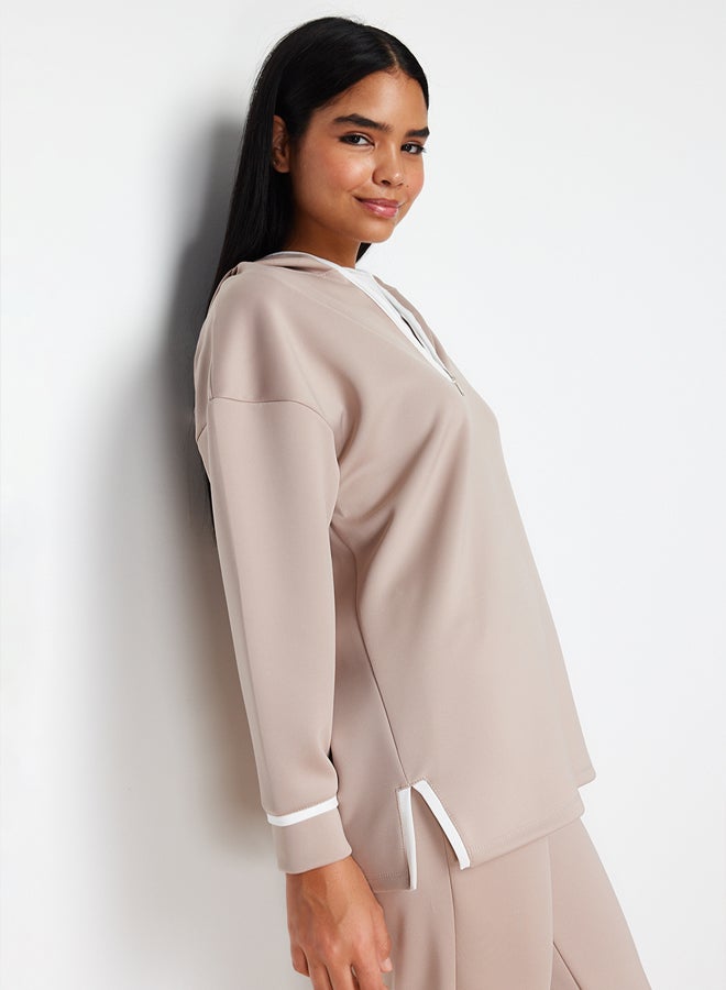 trendyol Stone Hooded Strip Detailed Diver/Scuba Knitted Two Piece Set - Image 2