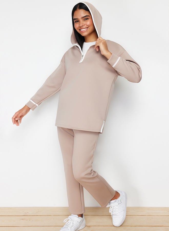 trendyol Stone Hooded Strip Detailed Diver/Scuba Knitted Two Piece Set - Image 1