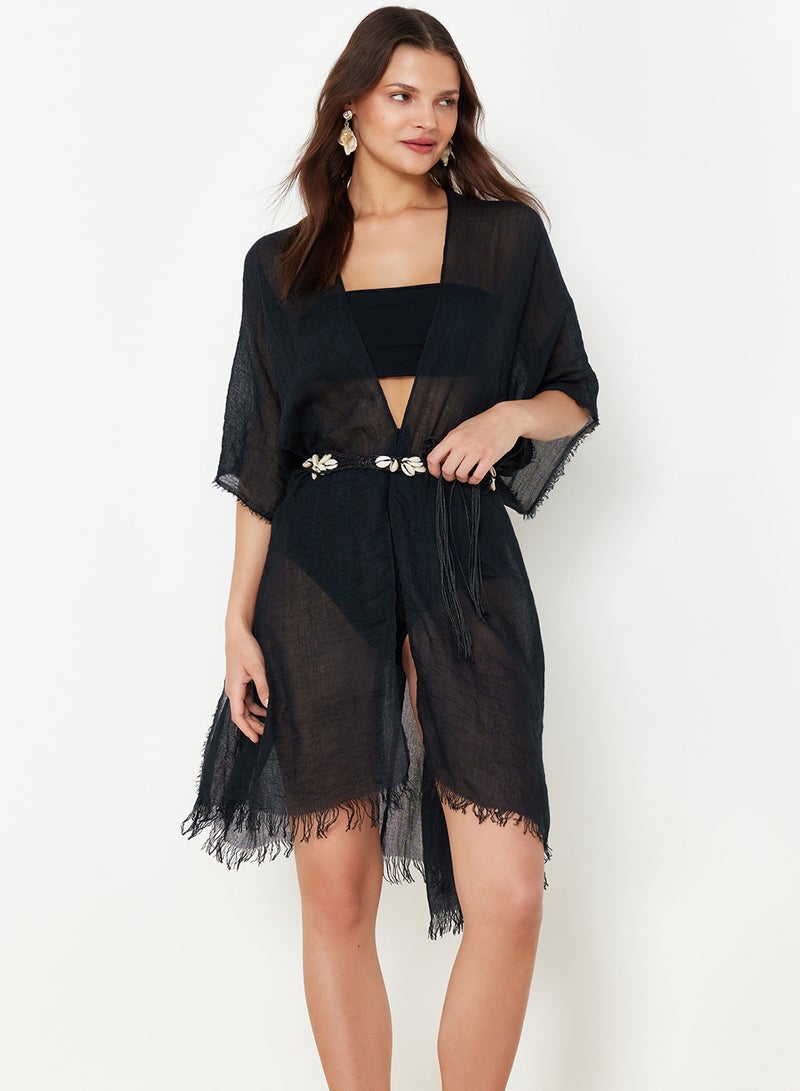 trendyol Black Mini Woven Tasseled Kimono&Kaftan TBESS24KM00057 - Image 2