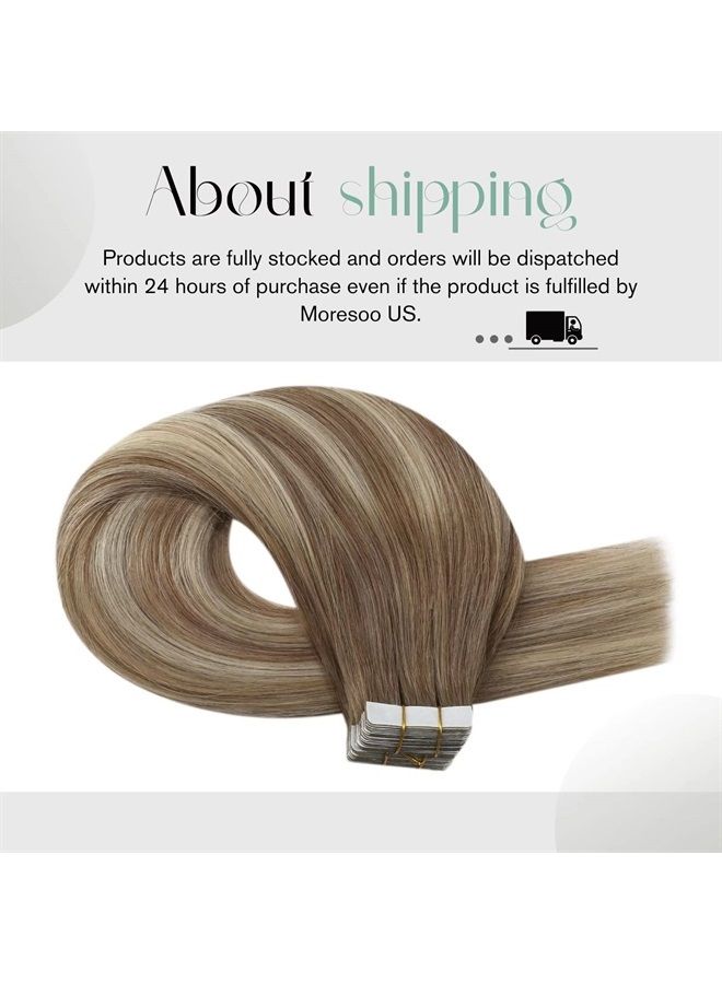 Moresoo Tape in Hair Extensions Human Hair Balayage Ash Brown to Blonde Mix with Light Blonde Real Hair Extensions Tape in Skin Weft Hair Extensions Human Hair 14 Inch #8/22/8 20pcs 50g - Image 2