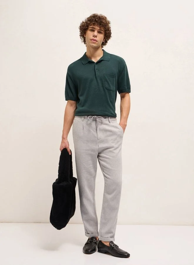 The Bear House  Men's Grey Solid Tapered Fit Elasticated Waist Casual Trouser Versatile Office and Travel Pants Comfortable Fit for Everyday Use Easy to Style Bottomwear for Work Weekend and Outings for Men | Best Price UAE