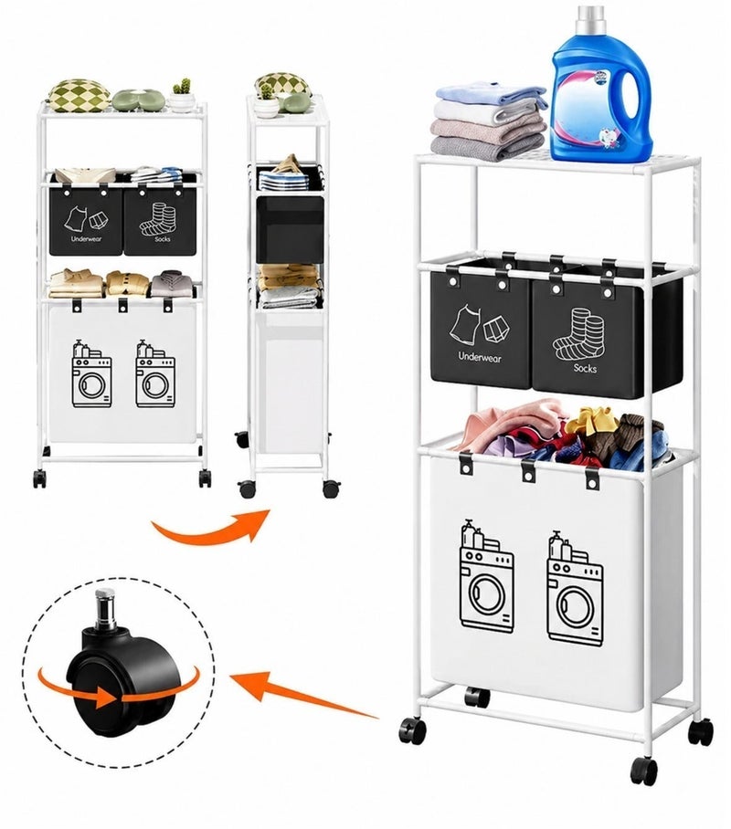 O2. 3-Tier Laundry Basket Organizer with 3 Detachable Fabric Bags and Wheels, Space-Saving Clothes Sorter Rack with Top Storage Shelf, 2 Upper Sorting Bins and Large Bottom Laundry Basket for Bathroom, Bedroom, Dorm and Laundry Room - Image 5
