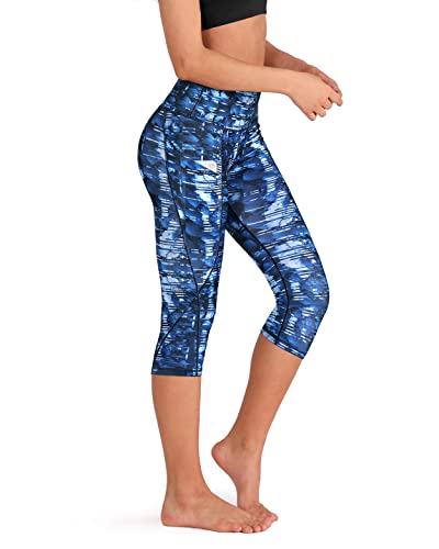 ODODOS Women's High Waisted Pattern Yoga Capri Leggings with Pockets, Tummy Control Non See Through Sports Athletic Workout Running Capris, Indigo, Medium - Image 2