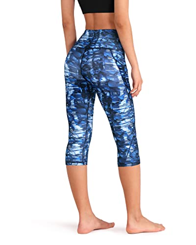 ODODOS Women's High Waisted Pattern Yoga Capri Leggings with Pockets, Tummy Control Non See Through Sports Athletic Workout Running Capris, Indigo, Medium - Image 3