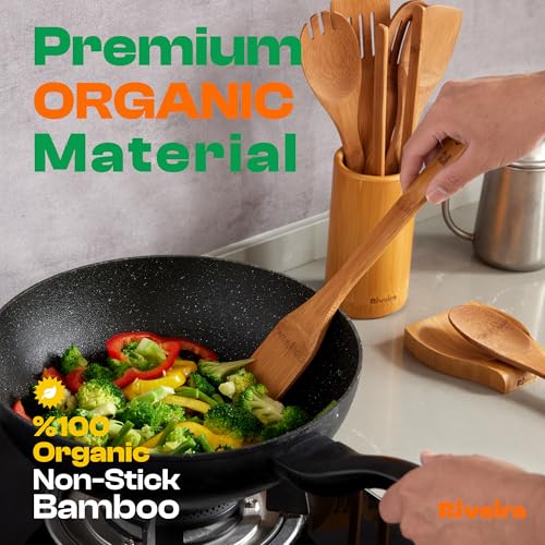 Riveira Dark Bamboo Wooden Spoons for Cooking 3Piece Apartment Essentials Wood Spatula Spoon Nonstick Kitchen Utensil Set Premium Quality Housewarming Gifts for Everyday Use - Image 3