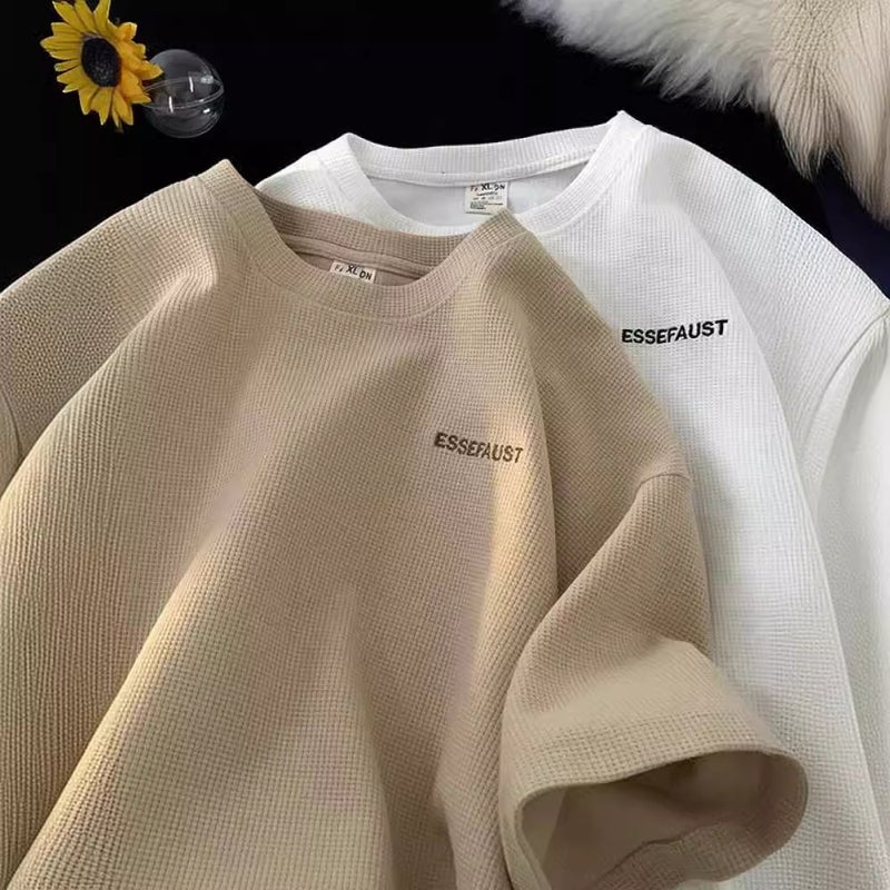 Waffle Short-Sleeved T-Shirt Men'S Summer Trendyy Round Neck Half-Sleeved Top Loose Three-Quarter Sleeve T-Shirt - Image 4