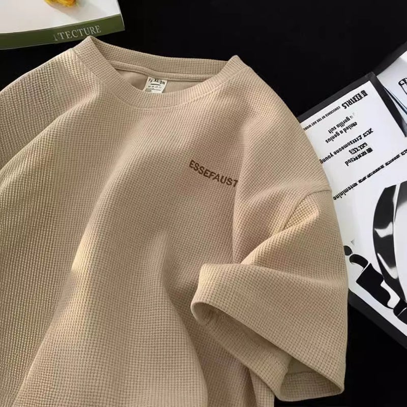 Waffle Short-Sleeved T-Shirt Men'S Summer Trendyy Round Neck Half-Sleeved Top Loose Three-Quarter Sleeve T-Shirt - Image 2