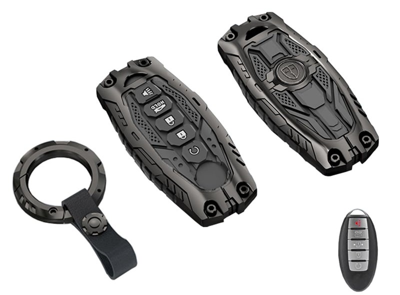 AYGUCEKE Heavy Duty Key Fob Cover for Nissan Altima Armada Maxima Murano Pathfinder Rogue Titan Armada Altima Versa Sentra Zinc Alloy Keyless Entry Key Fob Case Protector with Keychain (Black) - Image 1