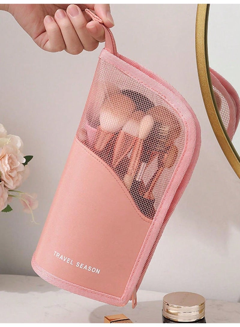 حقيبة تنظيم فراشي المكياج – حافظة واقفة بسحاب وردي - Image 1