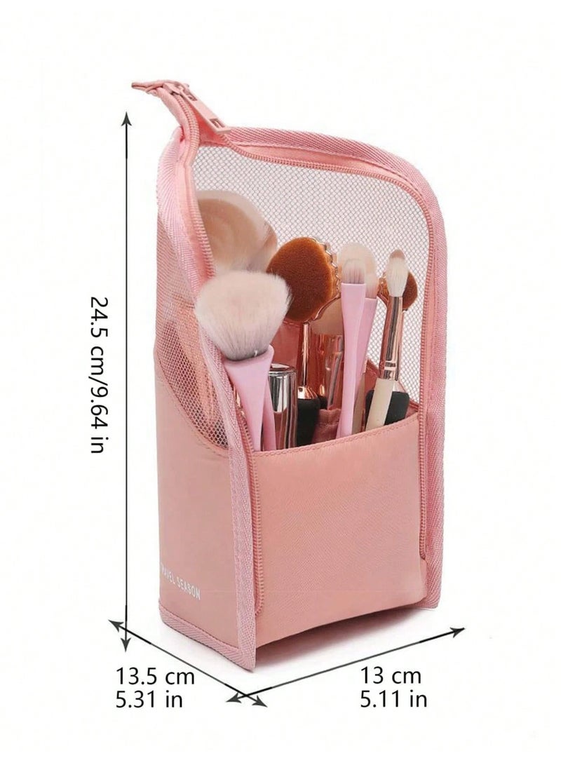 حقيبة تنظيم فراشي المكياج – حافظة واقفة بسحاب وردي - Image 2