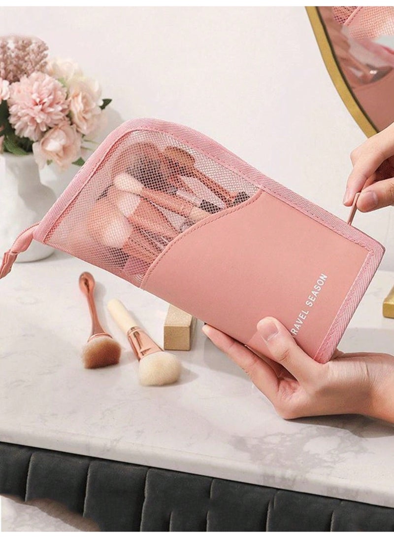 حقيبة تنظيم فراشي المكياج – حافظة واقفة بسحاب وردي - Image 4