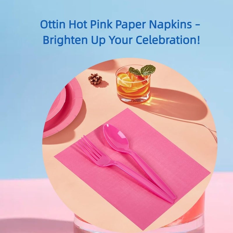 Ottin Solid Hot Pink Paper Dinner Napkins 6.5'' Disposable Luncheon Napkins 100 Count for Birthday Wedding Party Everyday Lunch Dinner Event - Image 3