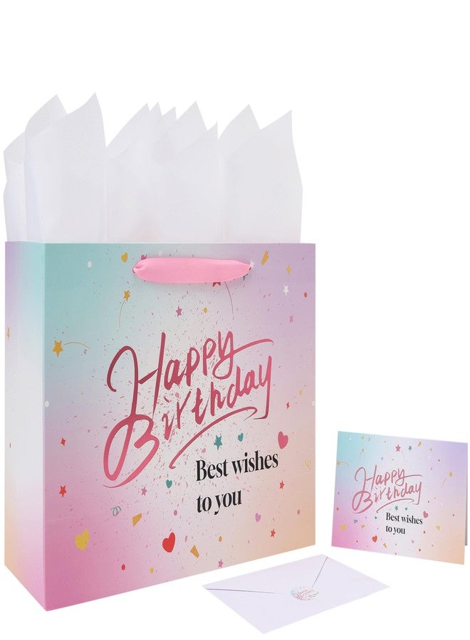 wishinside مجموعة حقائب هدايا عيد ميلاد كبيرة وردية اللون مقاس 13 بوصة من Wishinside، مزودة بمقابض، وبطاقة تهنئة، ومناديل ورقية، وملصقات للنساء والفتيات والأطفال والمراهقين، بتصميم "عيد ميلاد سعيد" من رقائق الذهب، قطعة واحدة - Image 1