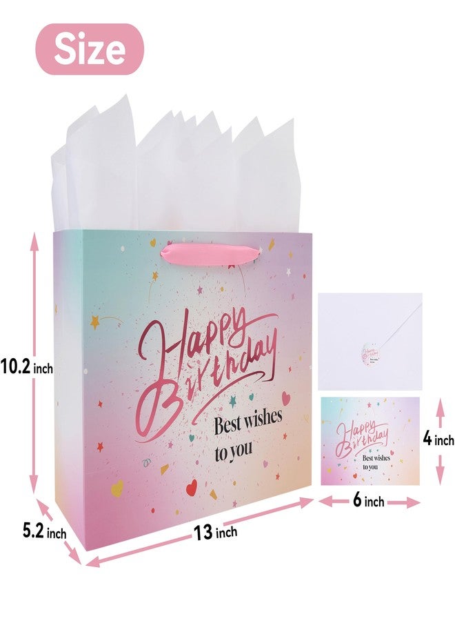 wishinside مجموعة حقائب هدايا عيد ميلاد كبيرة وردية اللون مقاس 13 بوصة من Wishinside، مزودة بمقابض، وبطاقة تهنئة، ومناديل ورقية، وملصقات للنساء والفتيات والأطفال والمراهقين، بتصميم "عيد ميلاد سعيد" من رقائق الذهب، قطعة واحدة - Image 2