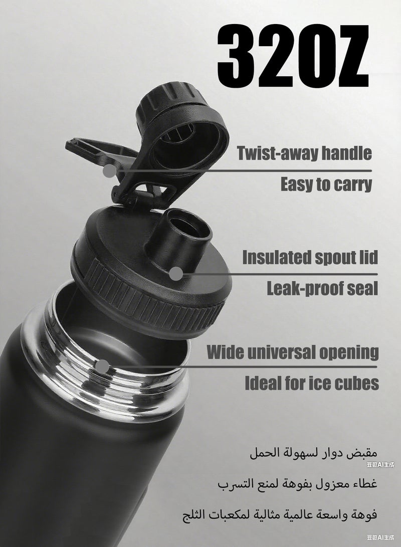 WEMART Sports water bottle, water bottle Stainless Steel,32 Oz,Outdoor Travel Portable Leak-Proof Drinkware Does Not Contain Bpa,304 Stainless Steel, With 3 Lids Hot And Cold Drinks,Black - Image 5