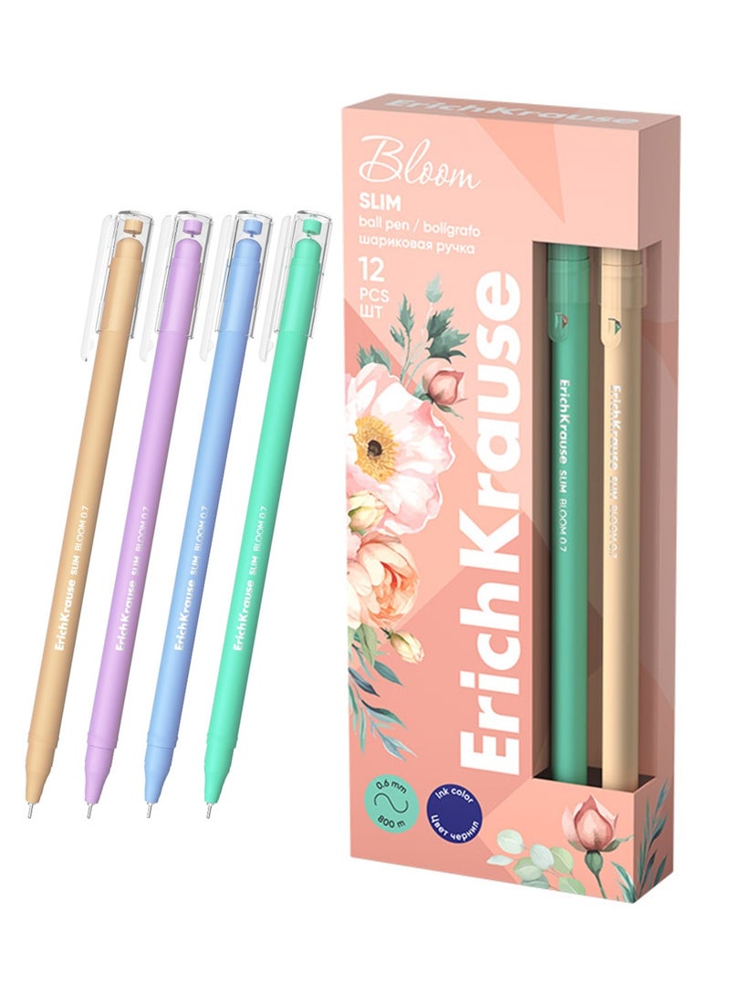 ErichKrause 12-Piece Bloom Slim Ballpoint Pen 0.7mm Tip Blue Ink - Image 1